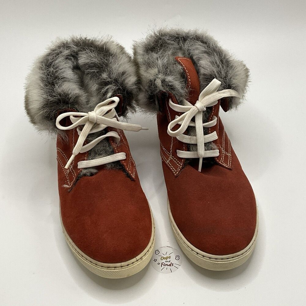 Mini BATA Faux Fur Lined Suede Winter Ankle Boots Orange EU 35 Lace Up